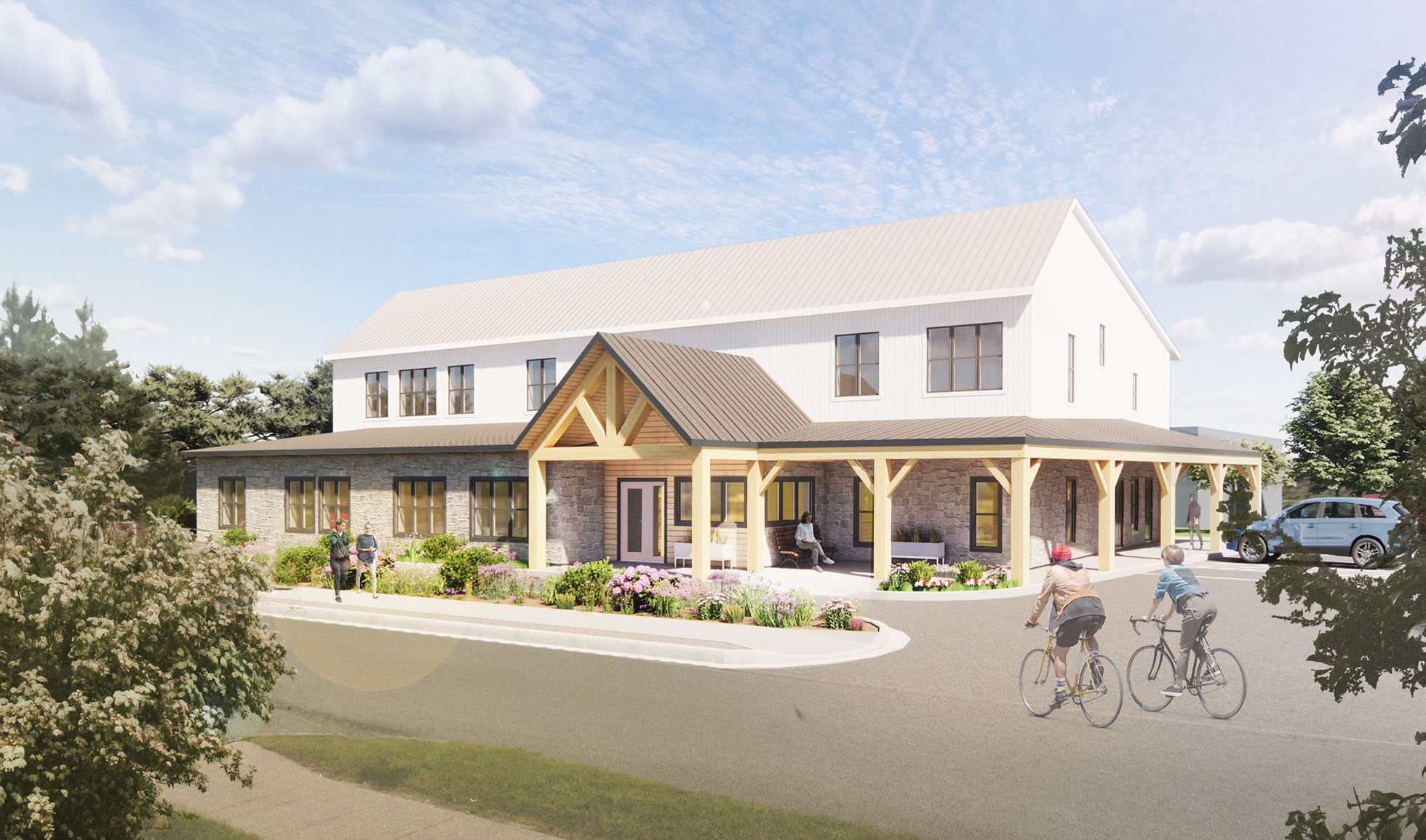 Architectural rendering of the new building: ranch style, two floors with welcoming entrance covered by a peaked section of roof. redering shows lots of plants, a blue sky and two cyclists arriving from the street.