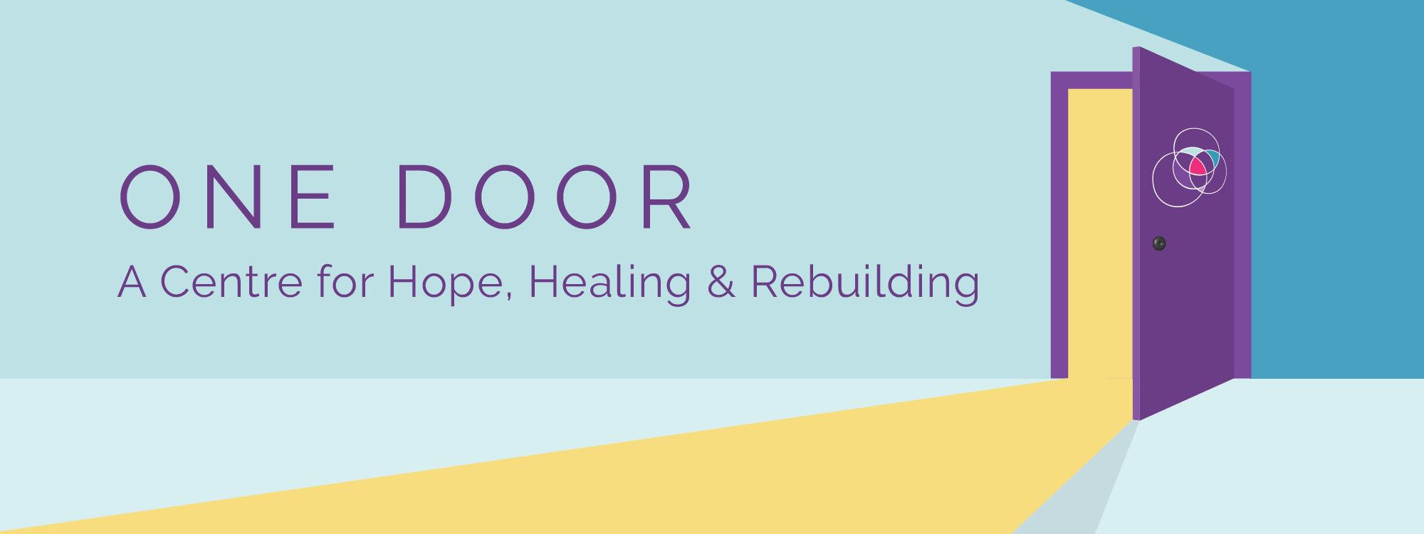 One Door: A Centre for Hope, Healing & Rebuilding. Branding artwork featuring an open door with the logo on it and light streaming in.